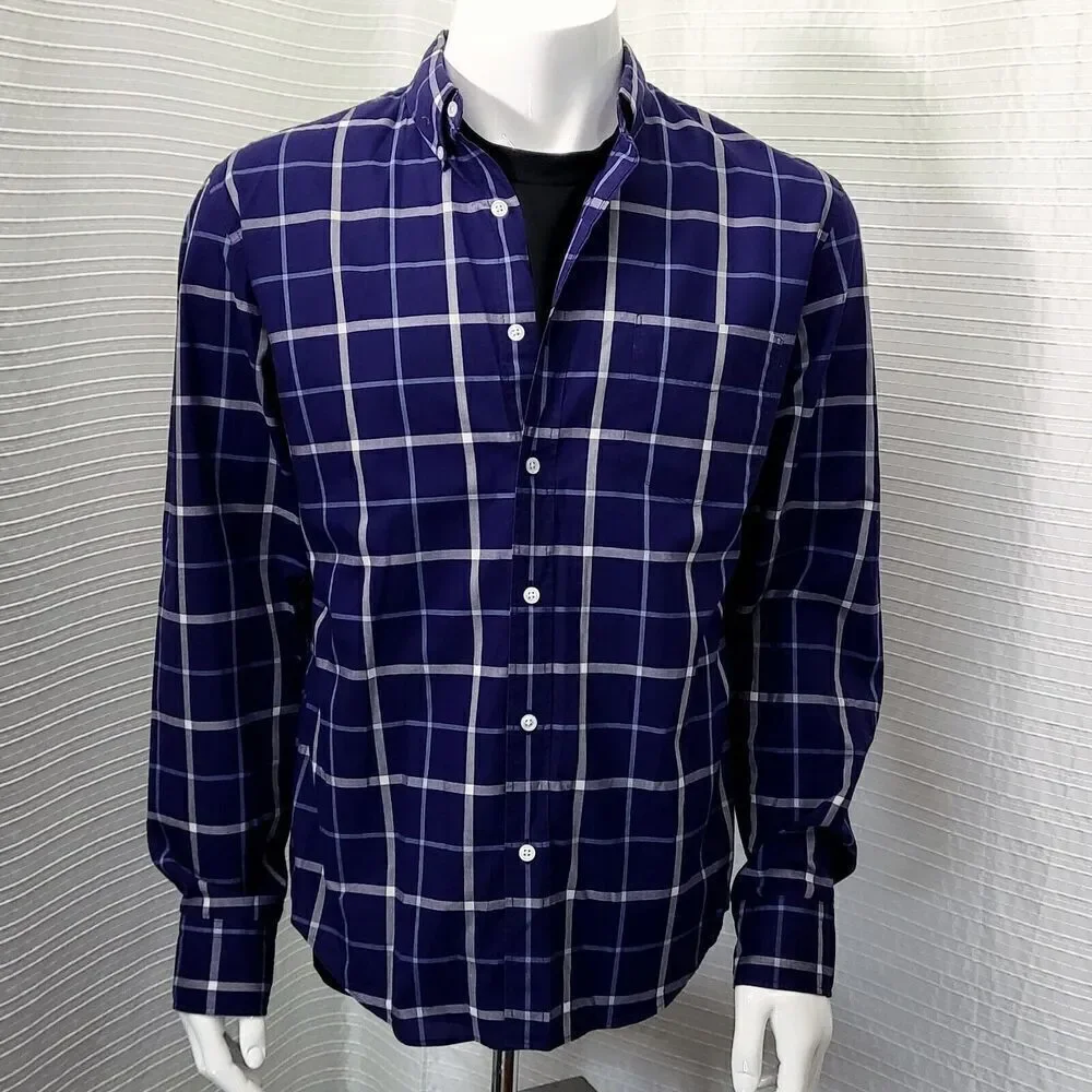 Thomas Mason For J. Crew Blue Plaid Casual Dress Shirt Slim Fit Men's L